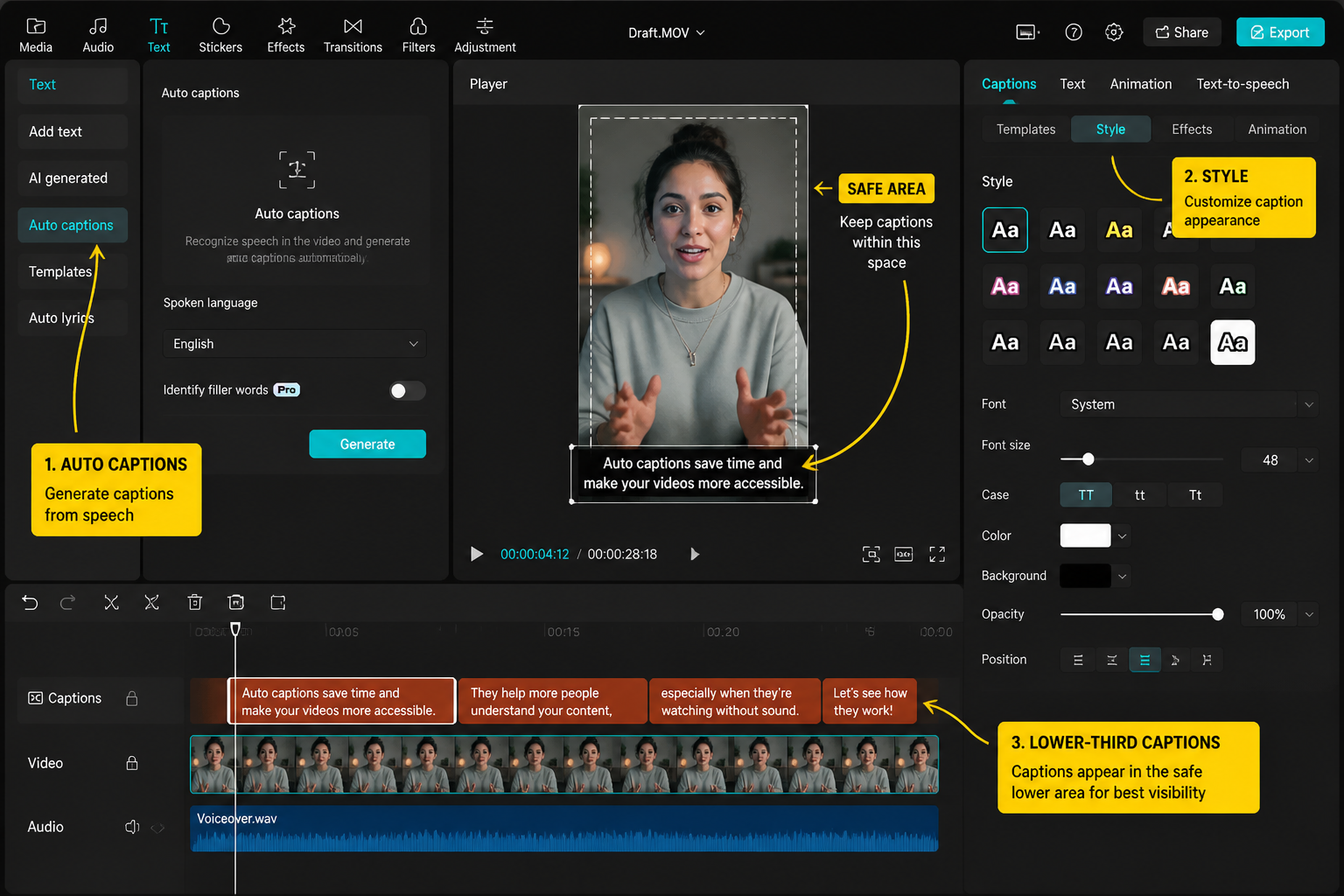 CapCut Guide visual: caption style panel with readable lower-third captions on vertical preview