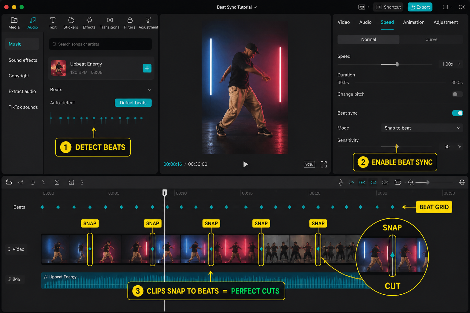 CapCut Guide visual: clip edges snapping to beat grid with highlighted cut points
