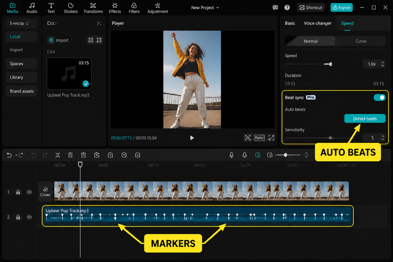 CapCut Guide visual: beat detection screen with automatic markers on waveform