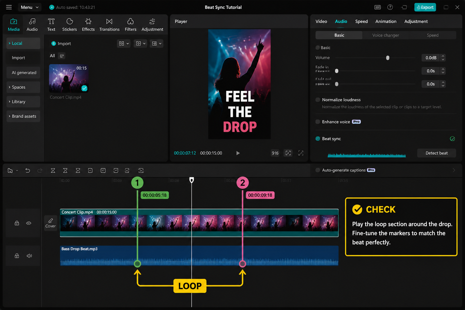 CapCut Guide visual: loop playback section around a drop, playhead and two markers highlighted