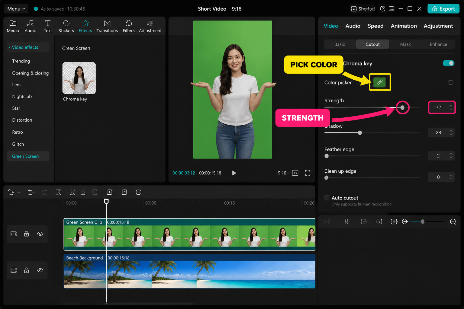 CapCut Guide visual: chroma key color picker touching a green area, strength slider visible