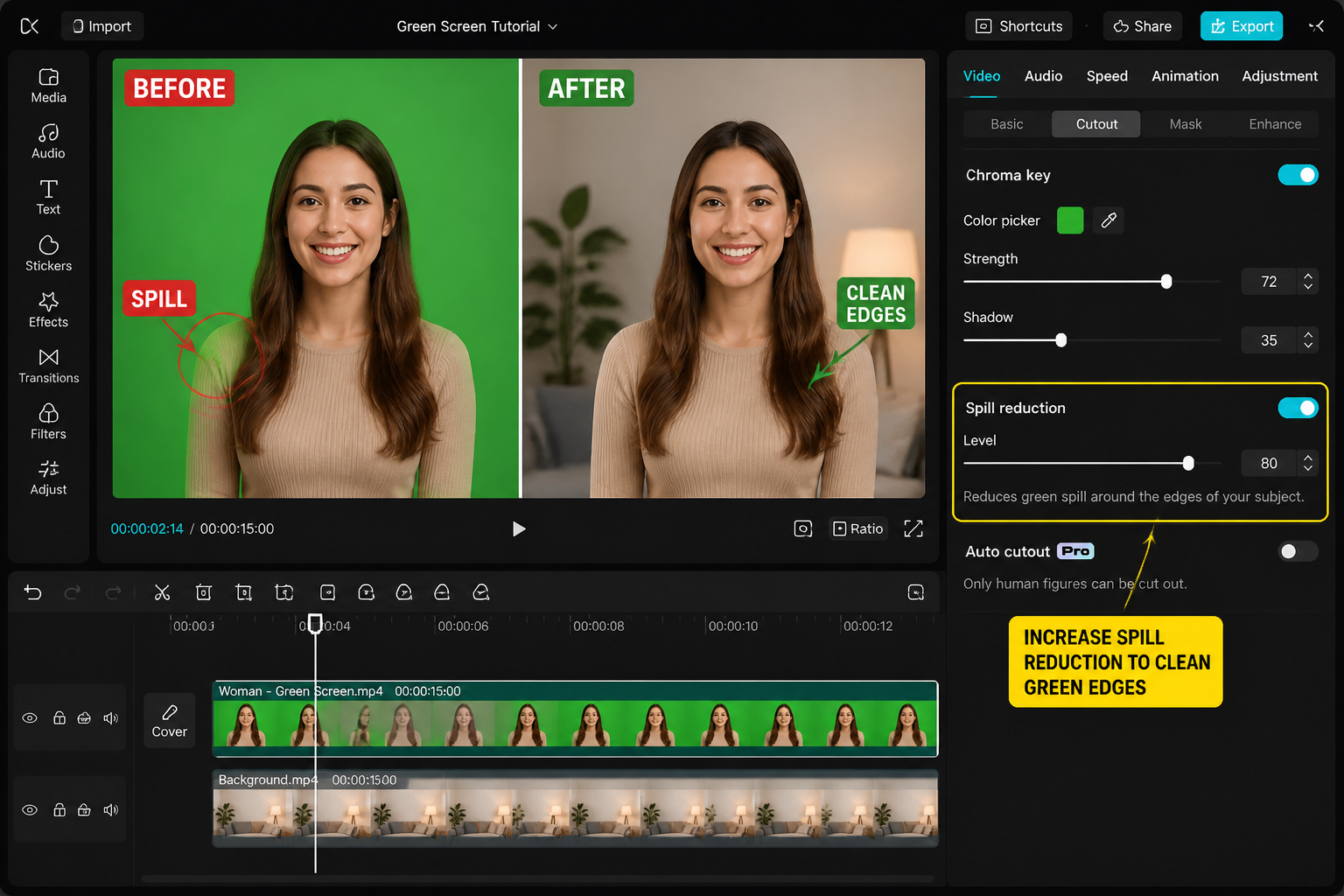 CapCut Guide visual: before/after edge cleanup around subject with spill reduction slider