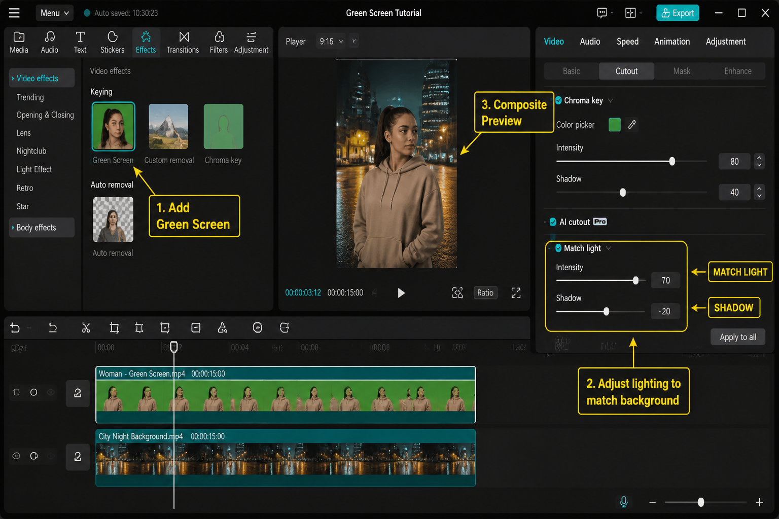 CapCut Guide visual: composite preview with subject and background lighting adjustment panel