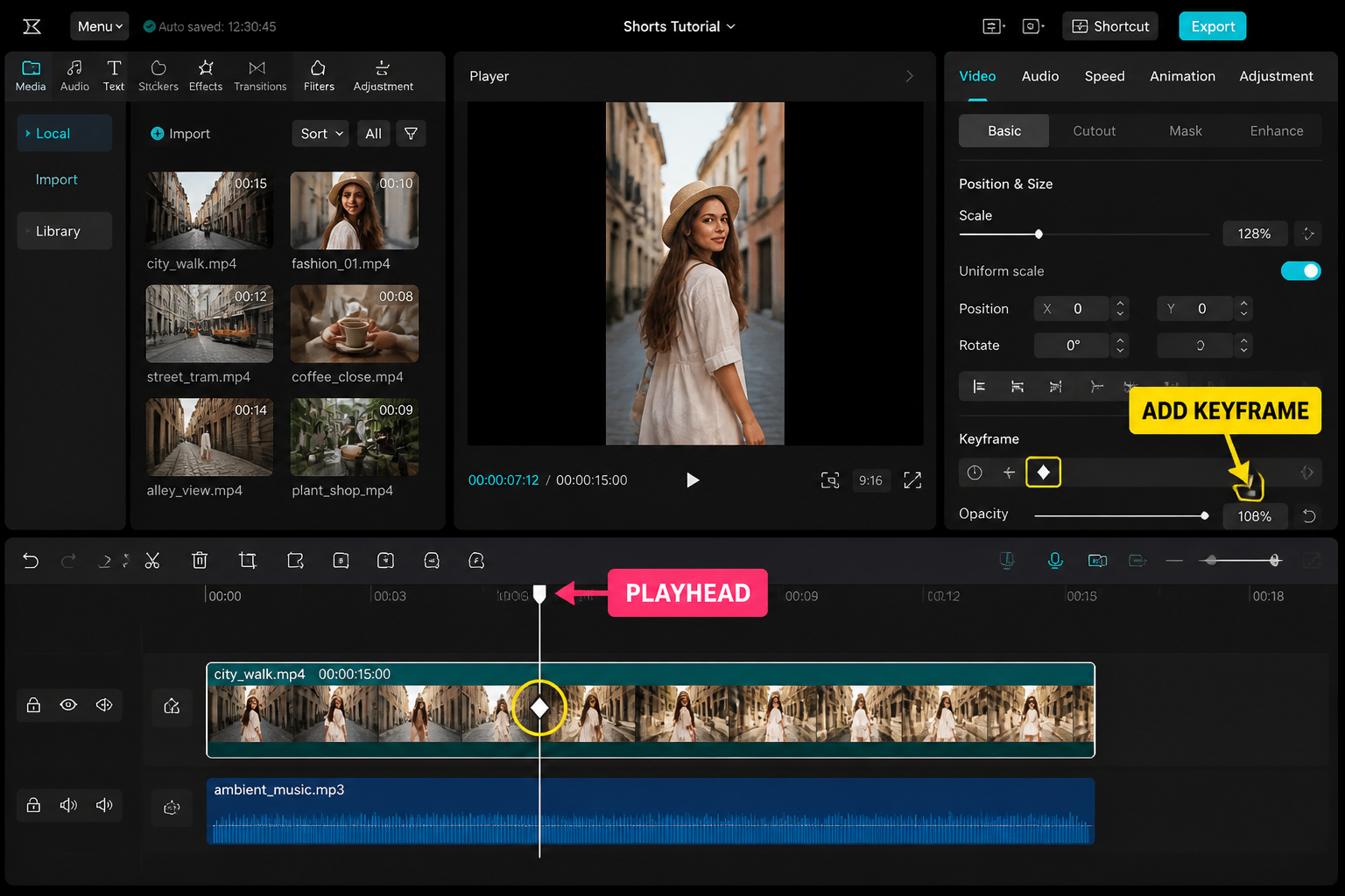 CapCut Guide visual: toolbar showing diamond keyframe button highlighted near playhead