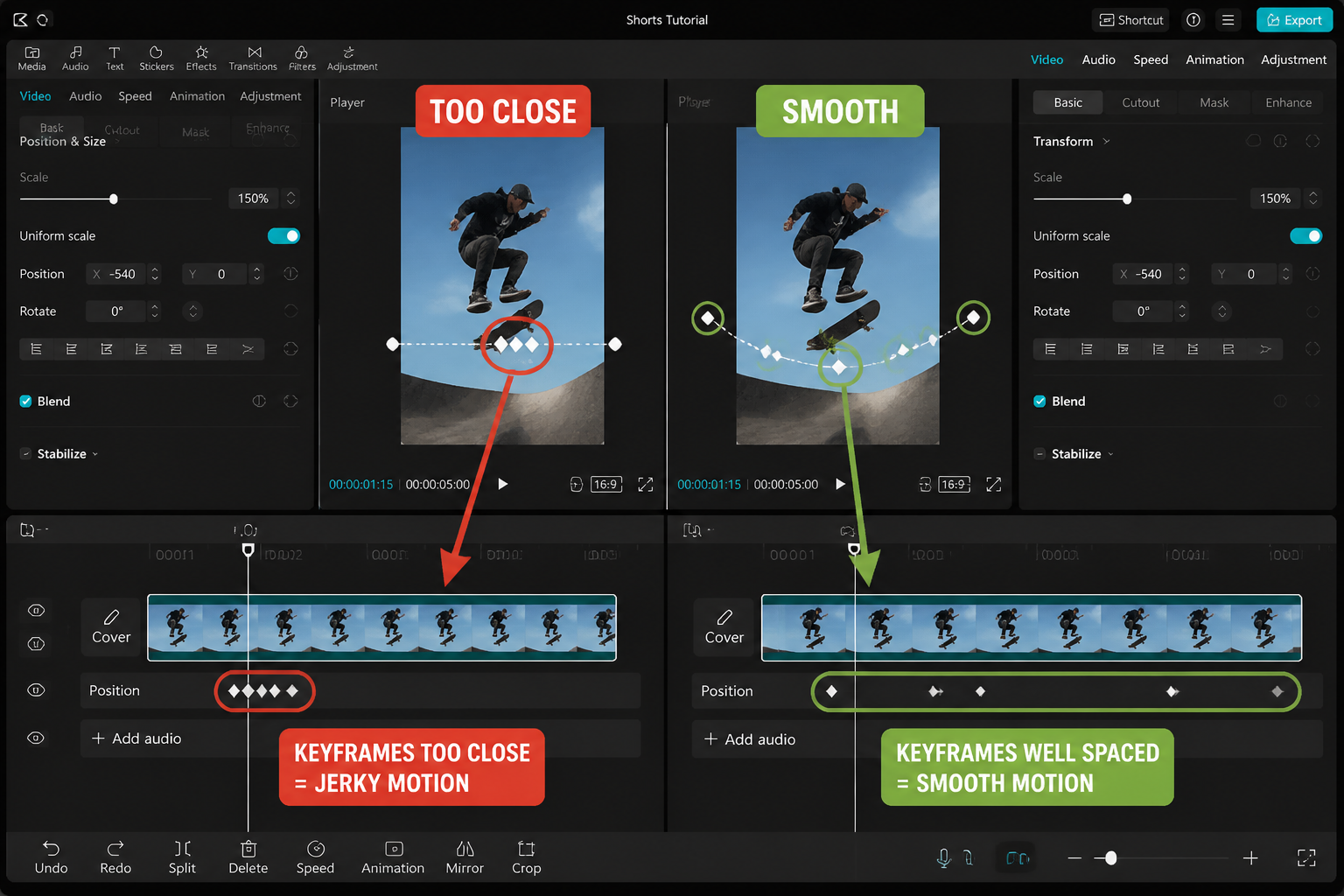 CapCut Guide visual: keyframe spacing comparison: jerky vs smooth motion on timeline