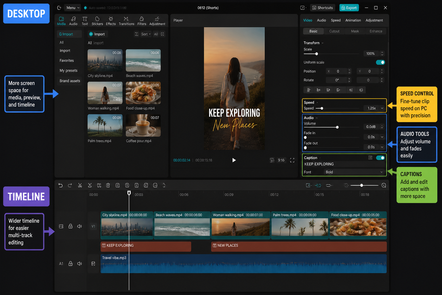 CapCut Guide visual: desktop timeline with wider tracks, media bin and preview monitor