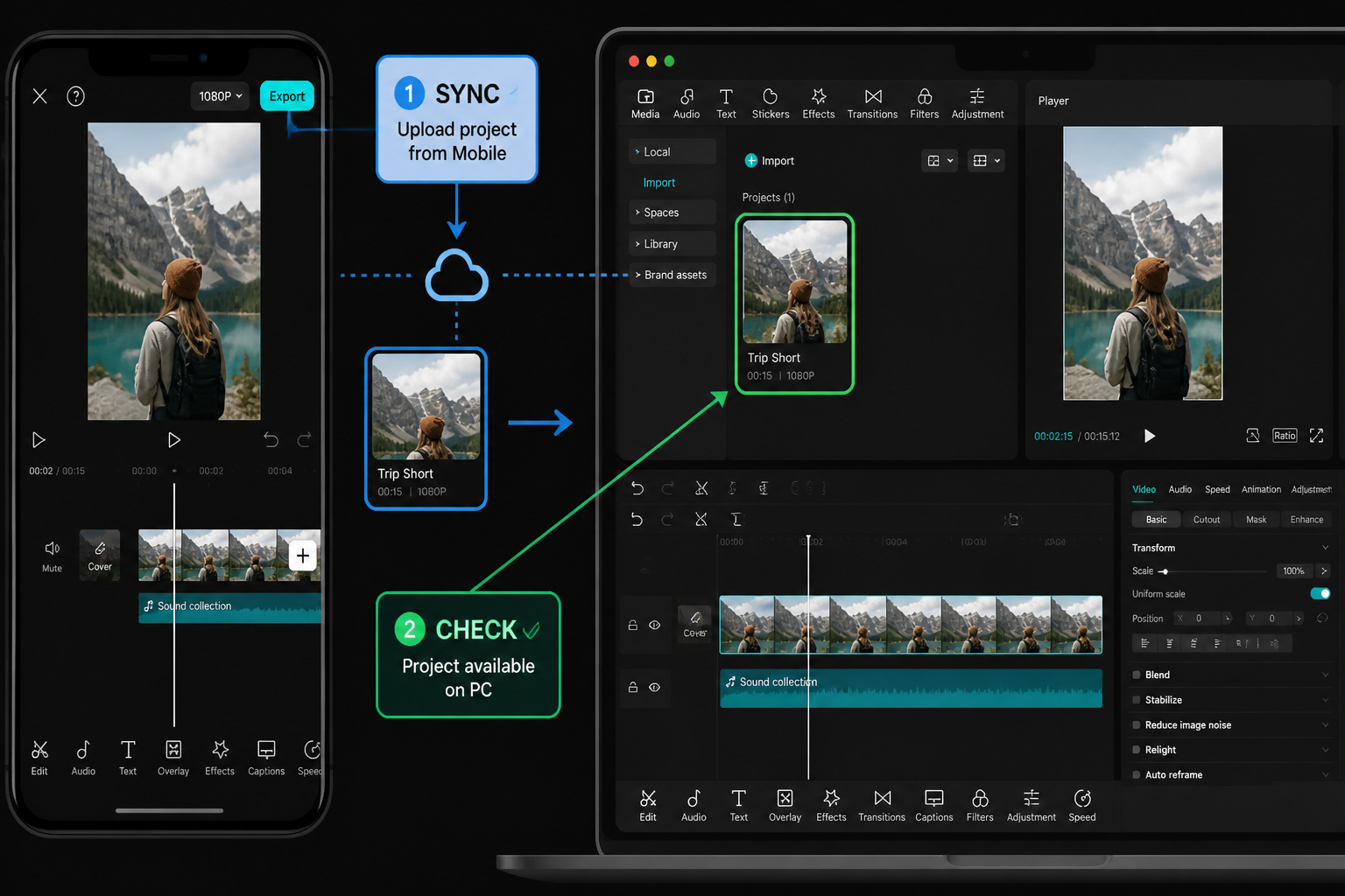 CapCut Guide visual: cloud/project handoff visual between phone and laptop, project thumbnail moving across