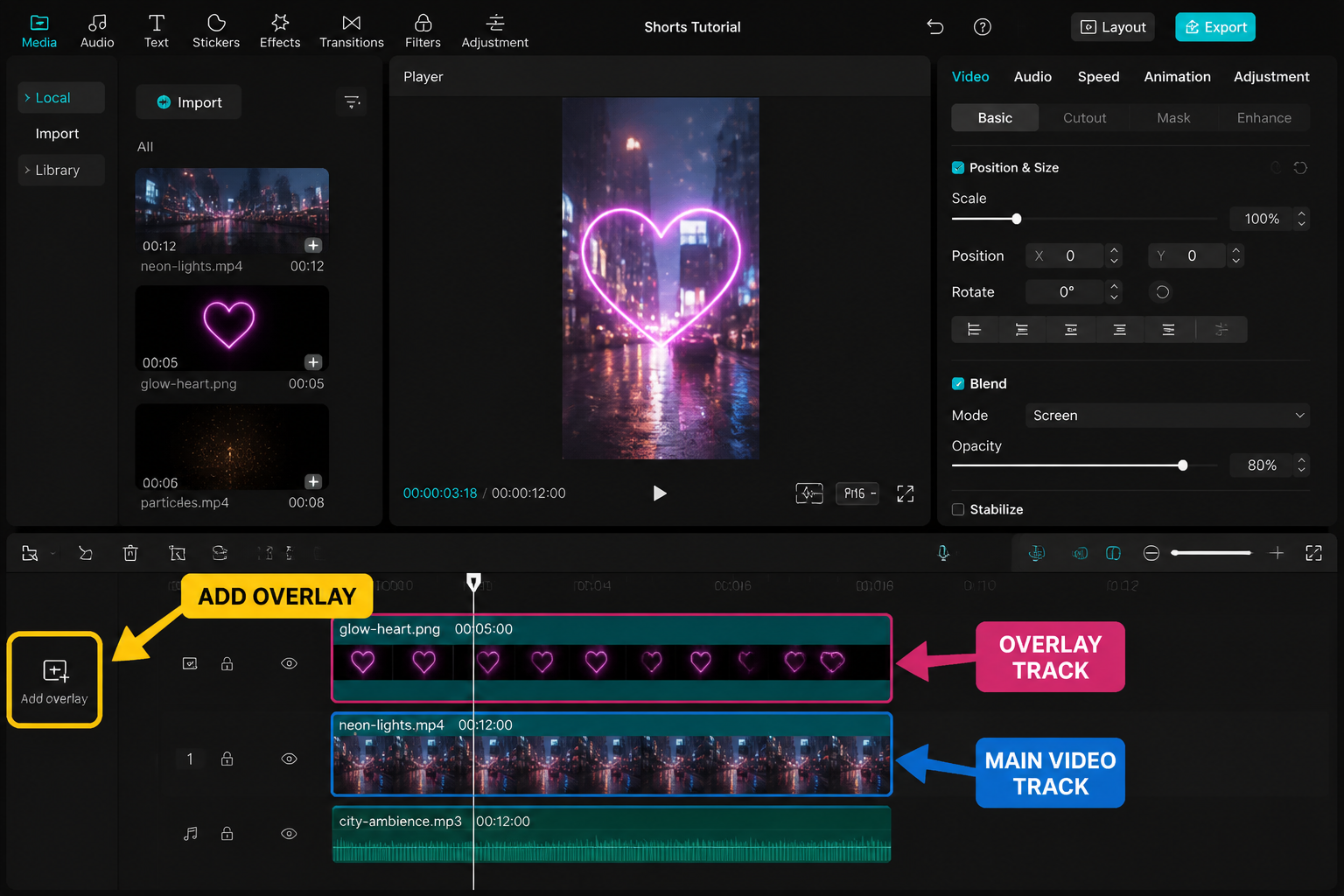 CapCut Guide visual: overlay track stacked above main video track, add overlay button highlighted