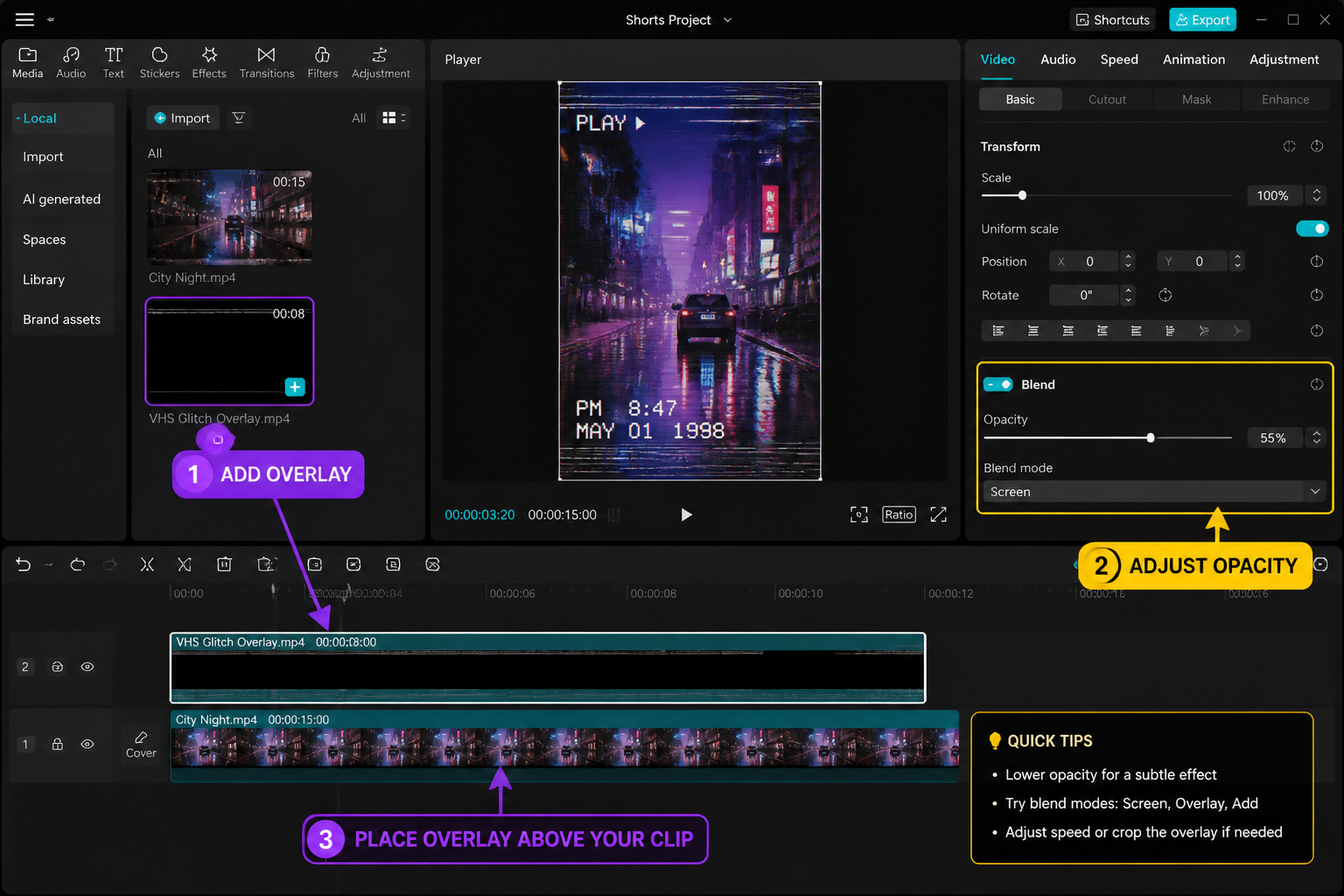 CapCut Guide visual: blend/opacity panel with slider and preview of VHS/glitch overlay