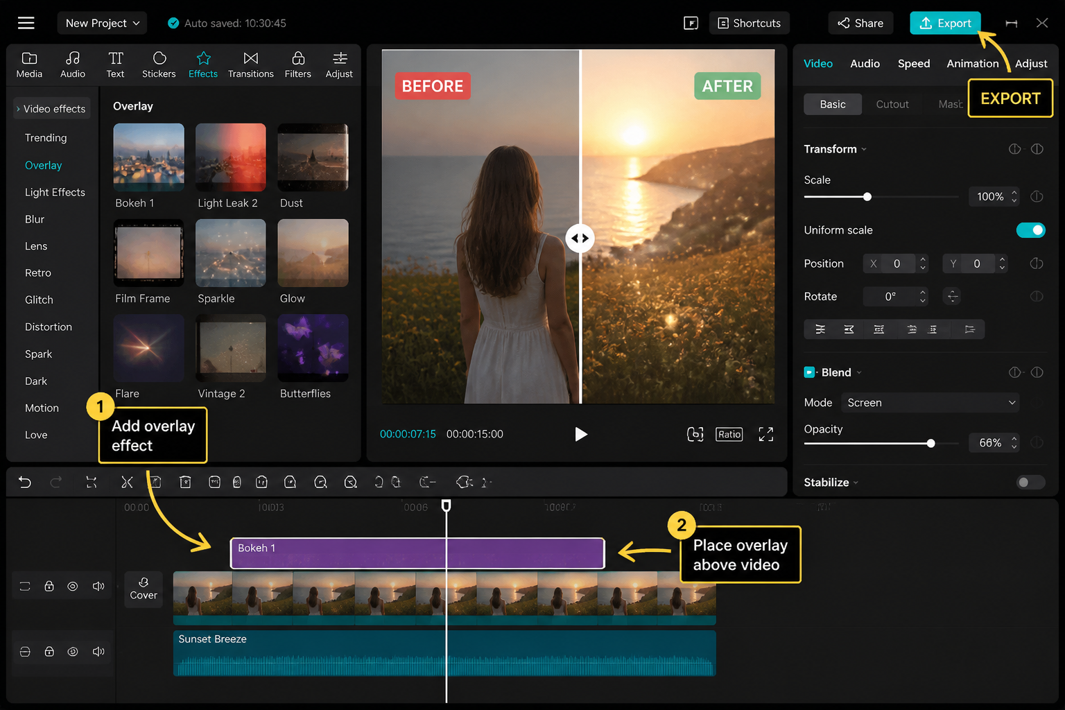 CapCut Guide visual: final preview with overlay before/after split and export callout