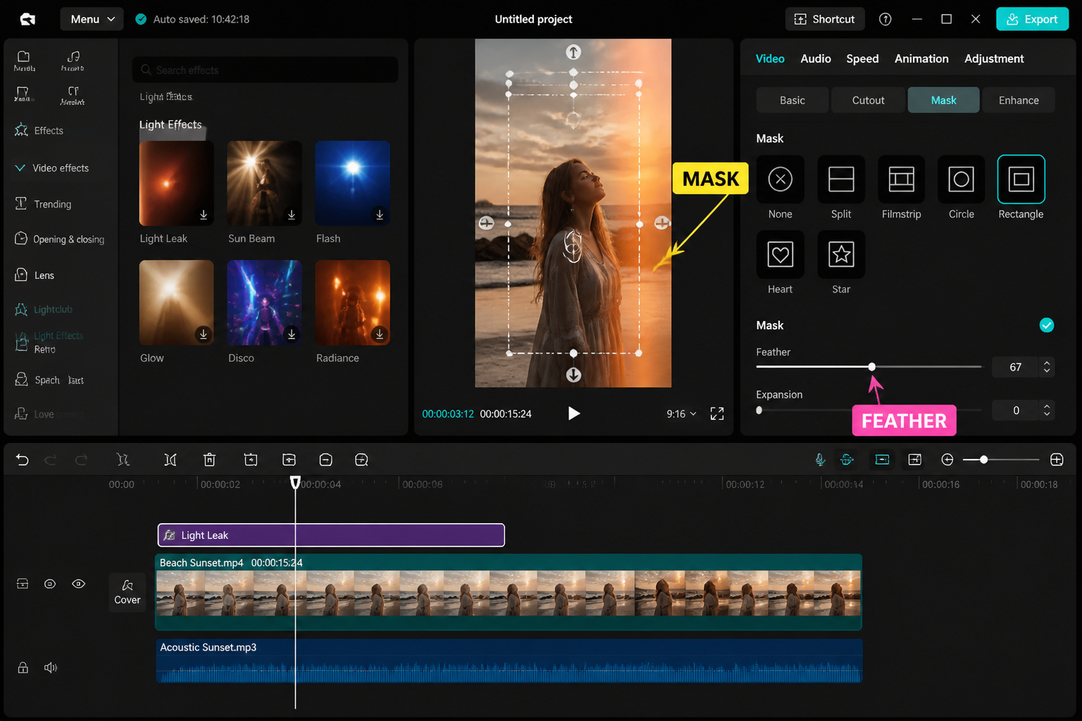 CapCut Guide visual: overlay mask handles around a light leak region