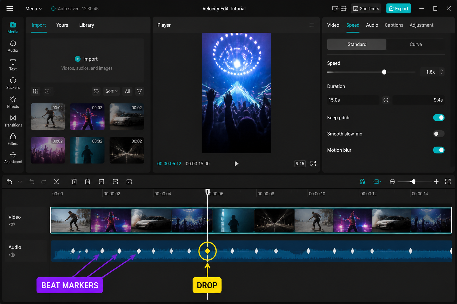 CapCut Guide visual: audio waveform with beat markers lined up under clip cuts, one beat highlighted