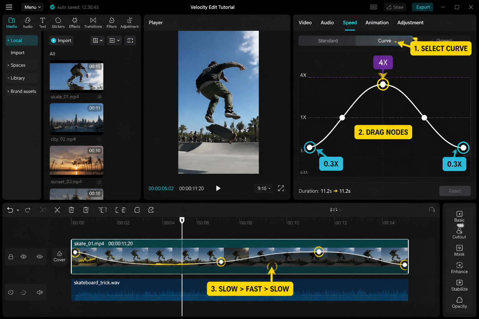 CapCut Guide visual: speed curve panel with slow-fast-slow ramp and draggable nodes highlighted