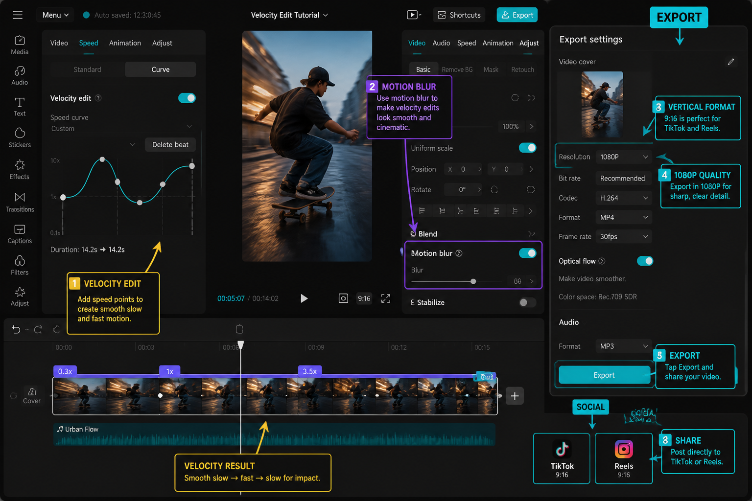 CapCut Guide visual: vertical export checklist for TikTok/Reels with motion blur and 1080p settings