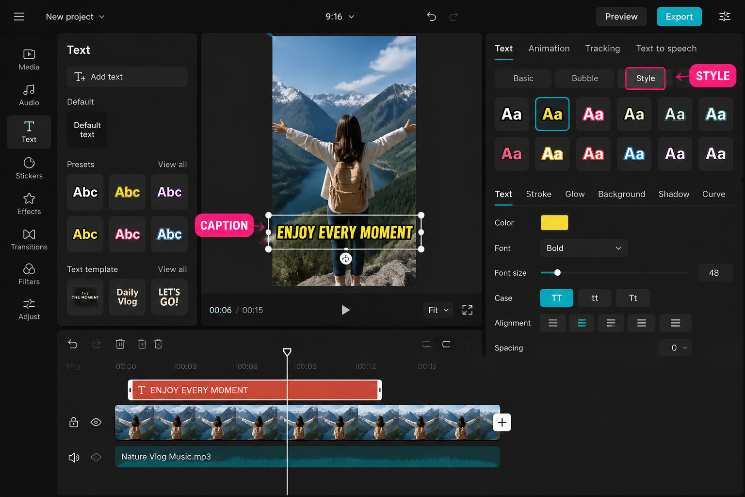 CapCut Guide visual: caption styling panel with bold readable caption near lower third