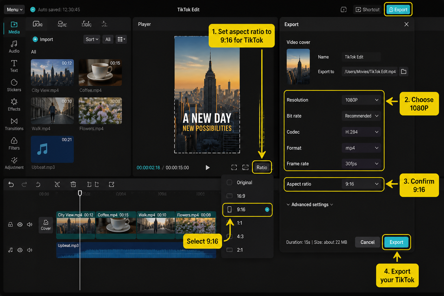 CapCut Guide visual: tikTok export settings with 9:16 frame and quality settings