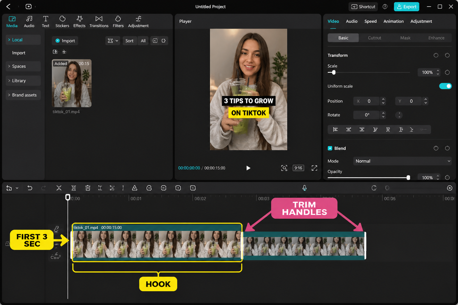 CapCut Guide visual: first three seconds timeline with hook clip highlighted and trim handles