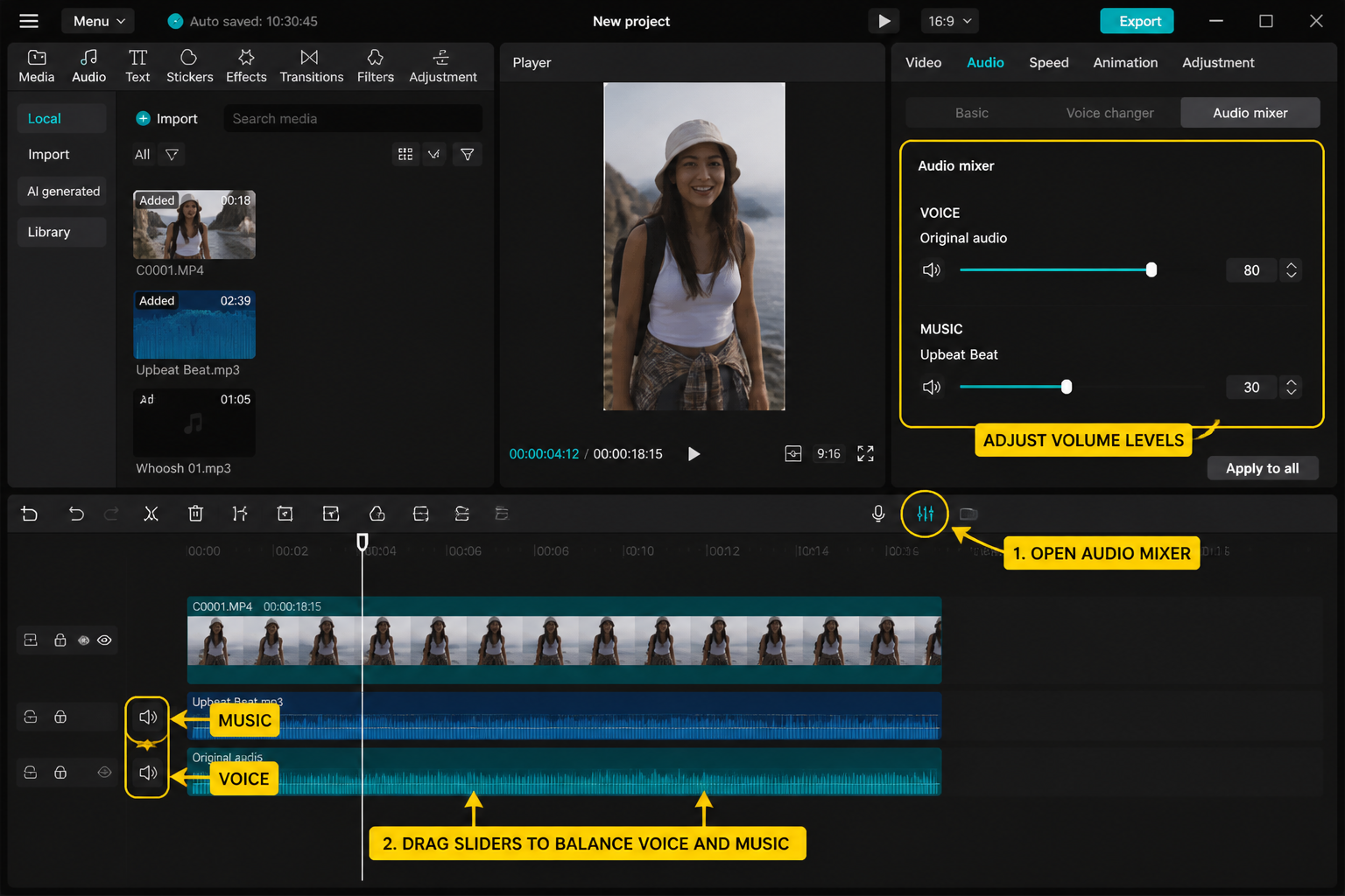 CapCut Guide visual: audio mixer with original audio and music volume sliders