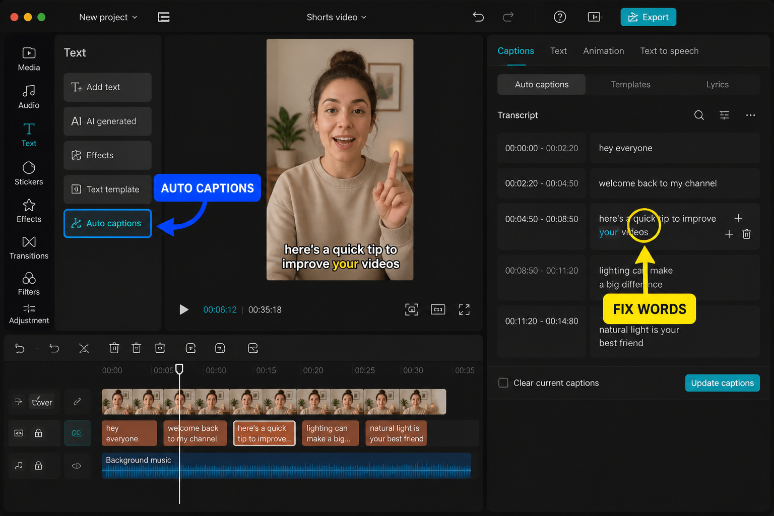 CapCut Guide visual: auto captions screen with transcript rows and one corrected word highlighted
