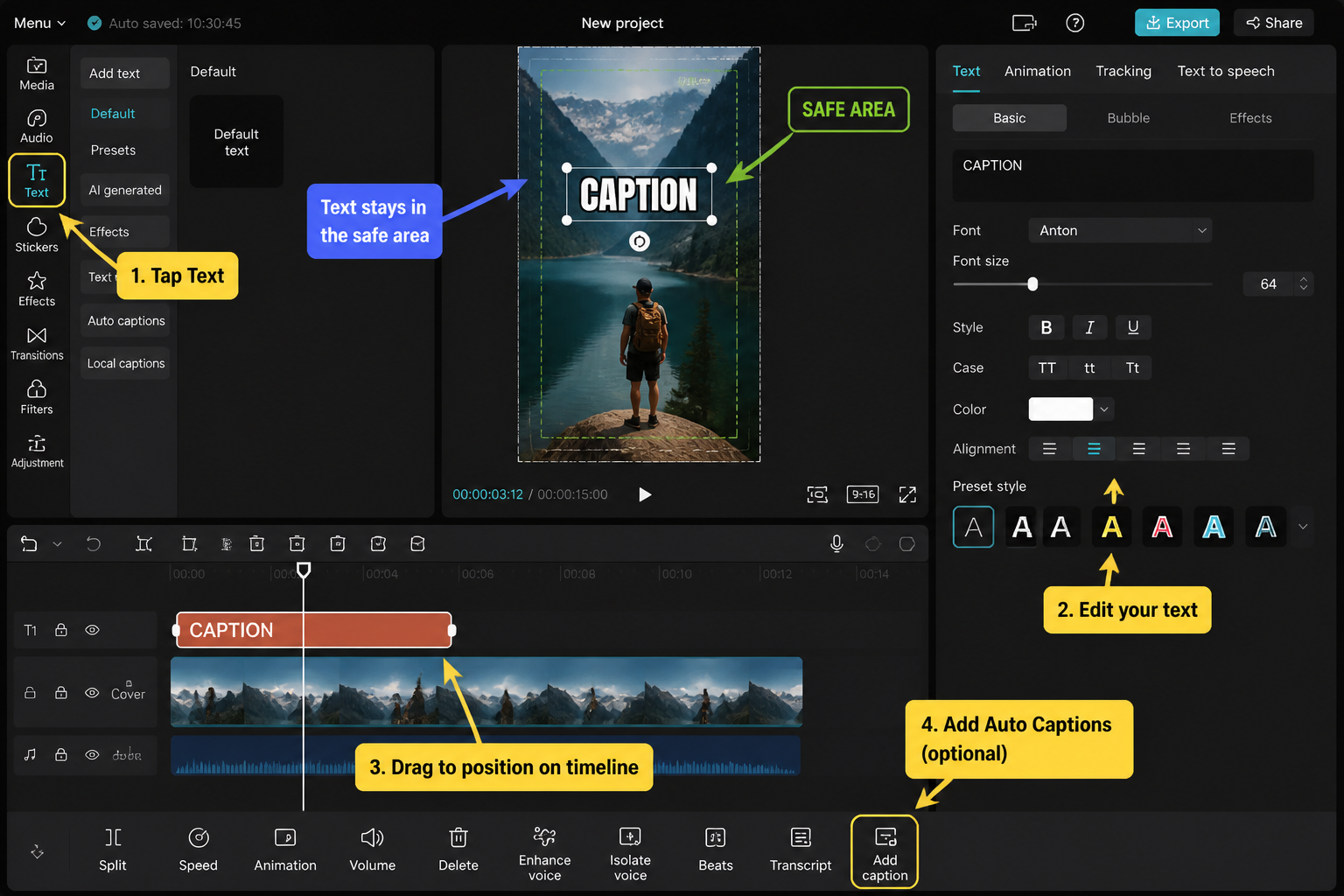 CapCut Guide visual: vertical video with caption safe-area guide lines above platform UI zone