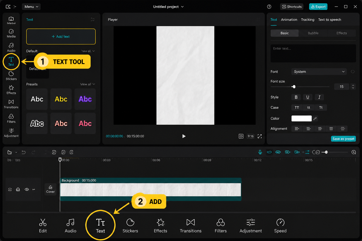 CapCut Guide visual: bottom toolbar with Text button highlighted and empty canvas preview above