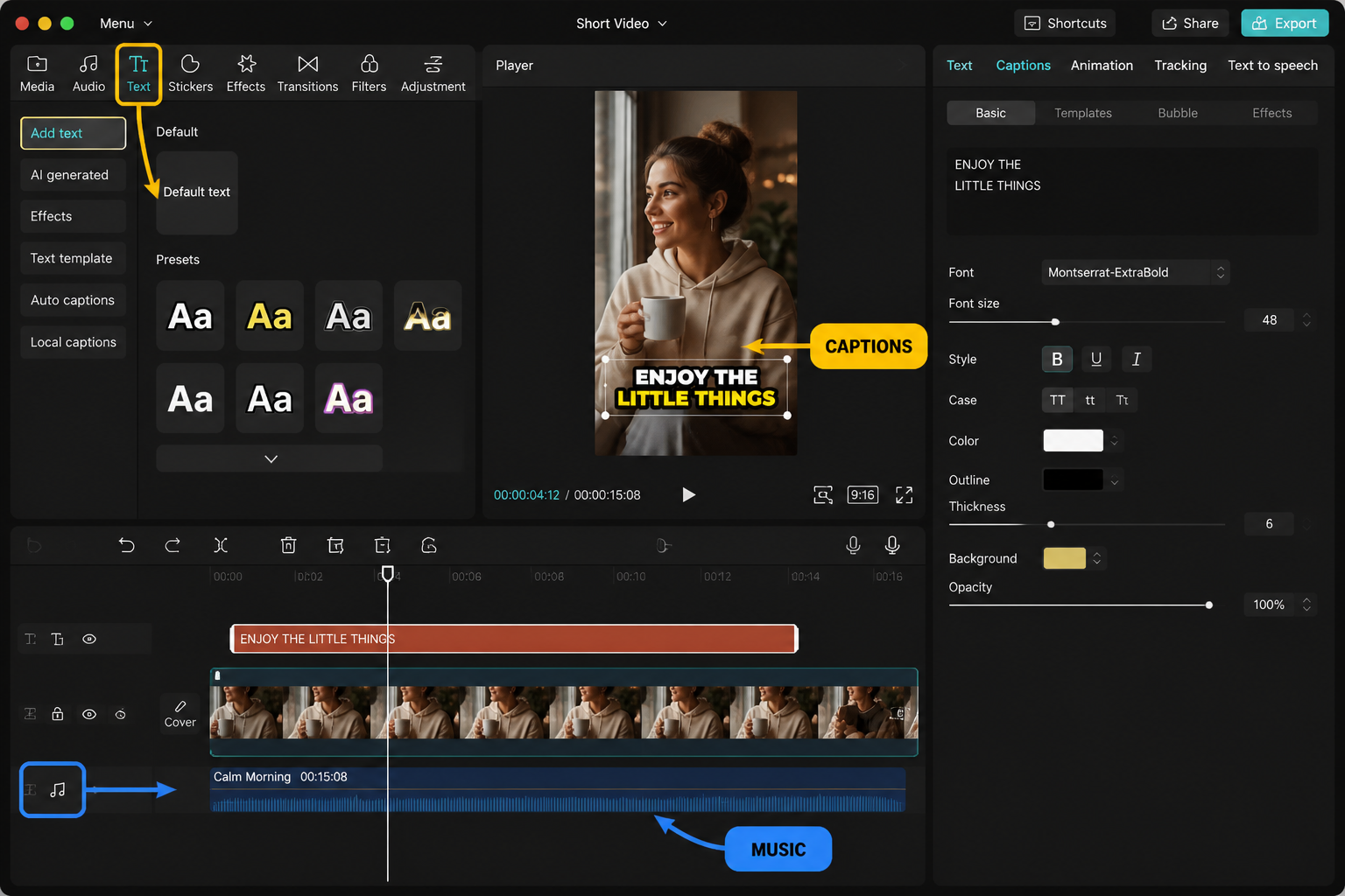 CapCut Guide visual: caption layer and music waveform under video clip, text tool and audio tool highlighted