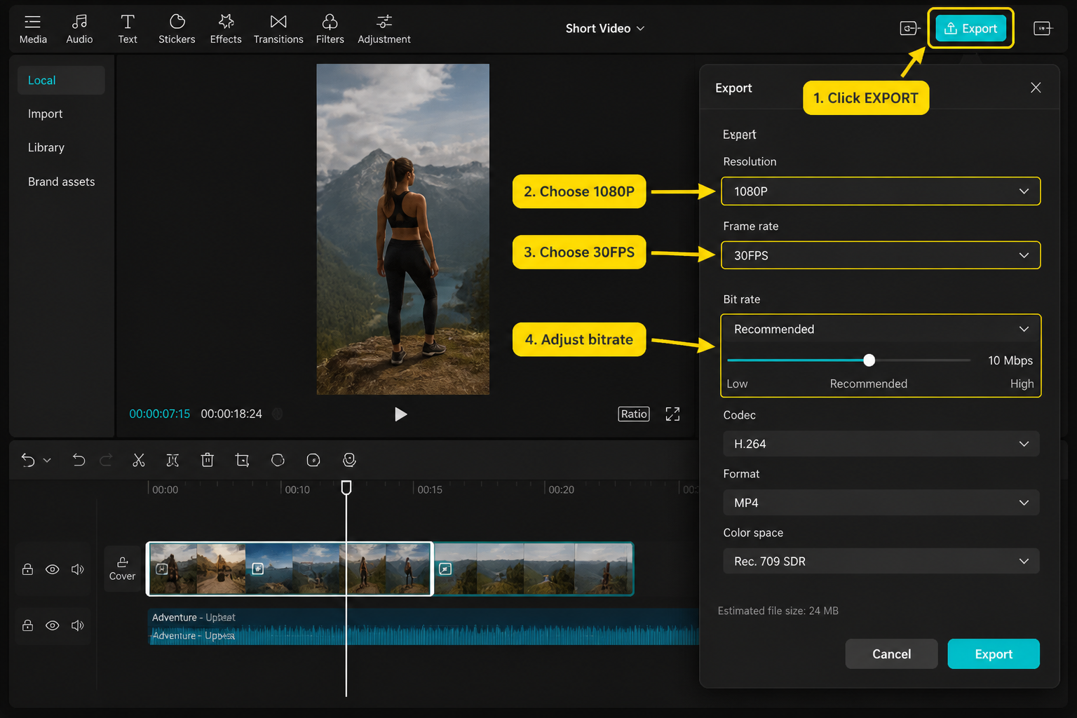 CapCut Guide visual: export settings screen with 1080p, 30fps and bitrate controls shown as clean UI blocks