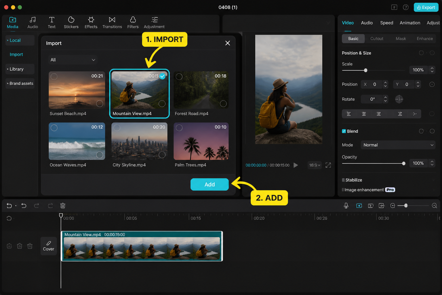 CapCut Guide visual: media import screen with selected video thumbnails, one clip checked, arrow toward Add button