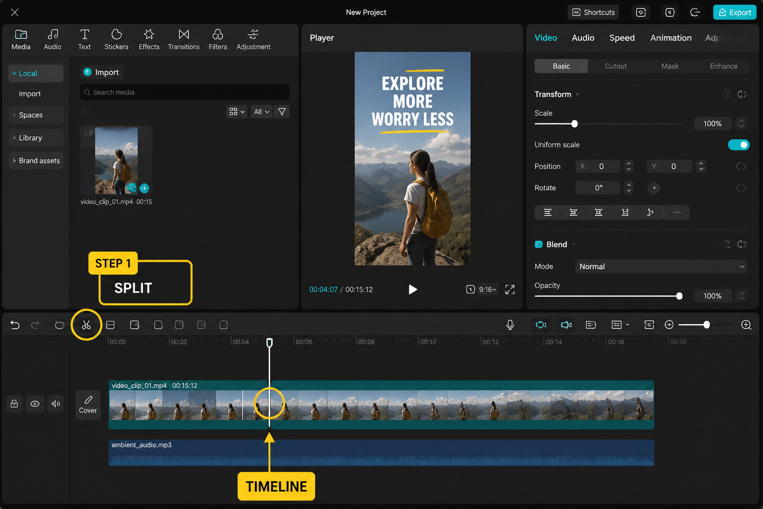 CapCut Guide visual: selected timeline clip under playhead, split tool highlighted, scissors icon visible