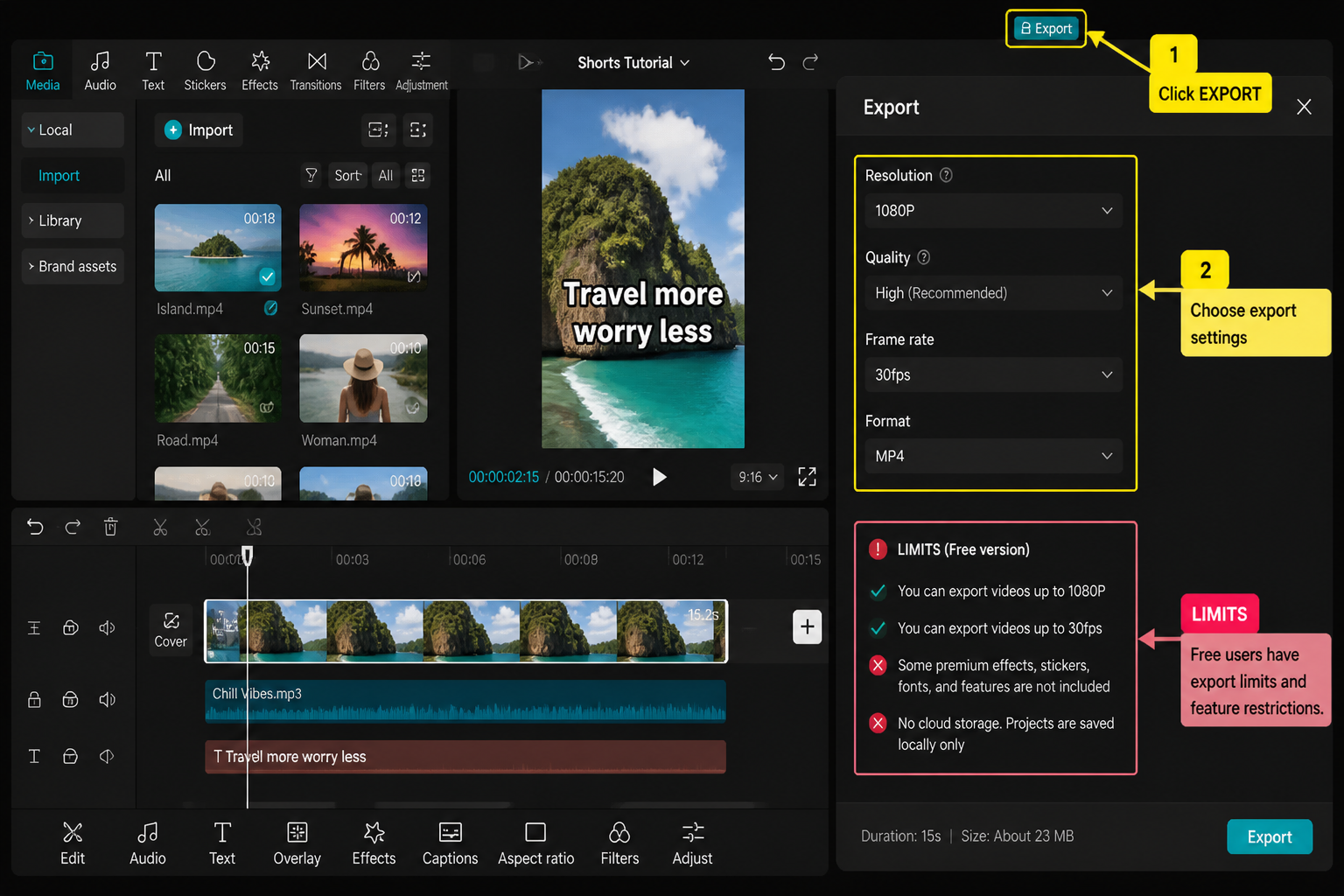 CapCut Guide visual: export settings screen showing quality options and a warning callout for limits
