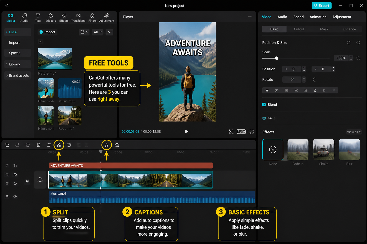 CapCut Guide visual: capCut-like editor showing free tools highlighted: split, captions, basic effects