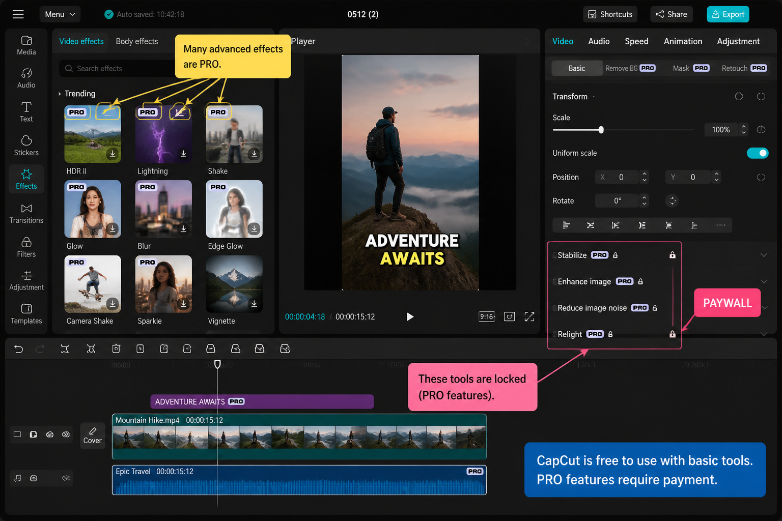 CapCut Guide visual: tool panel with several Pro badges highlighted without using real logo