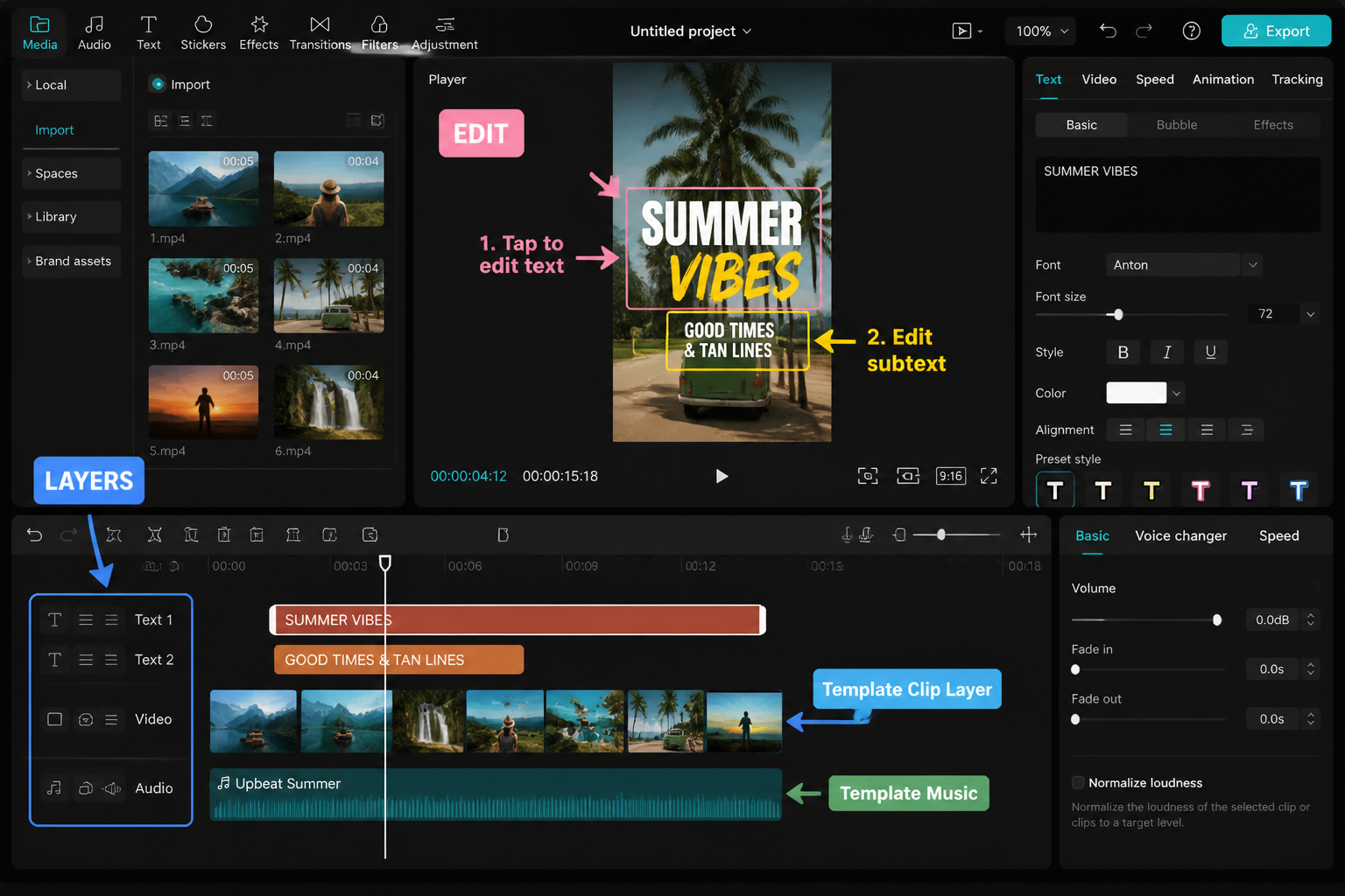 CapCut Guide visual: timeline after applying template with editable text and clip layers visible