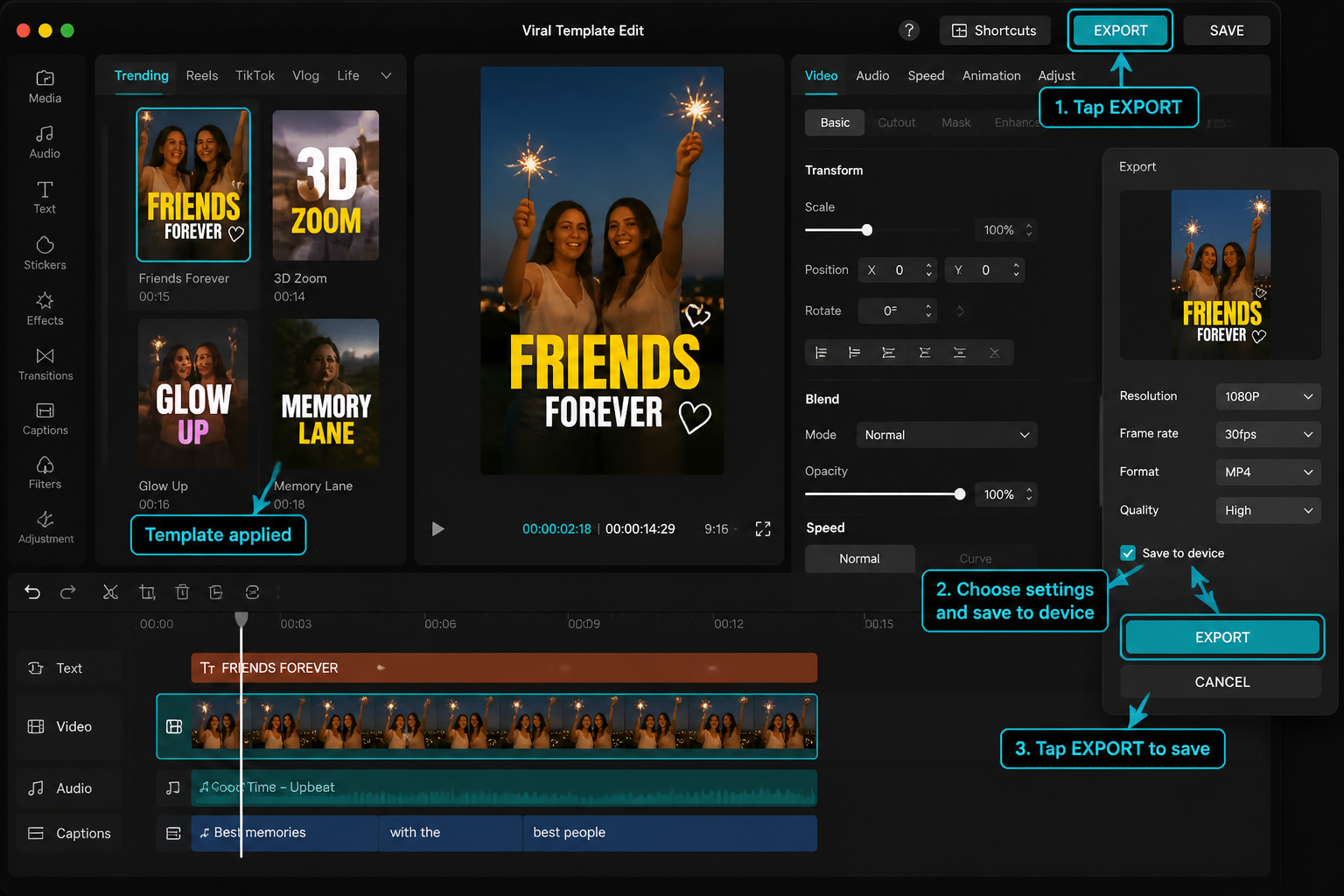 CapCut Guide visual: final preview and export panel for template video