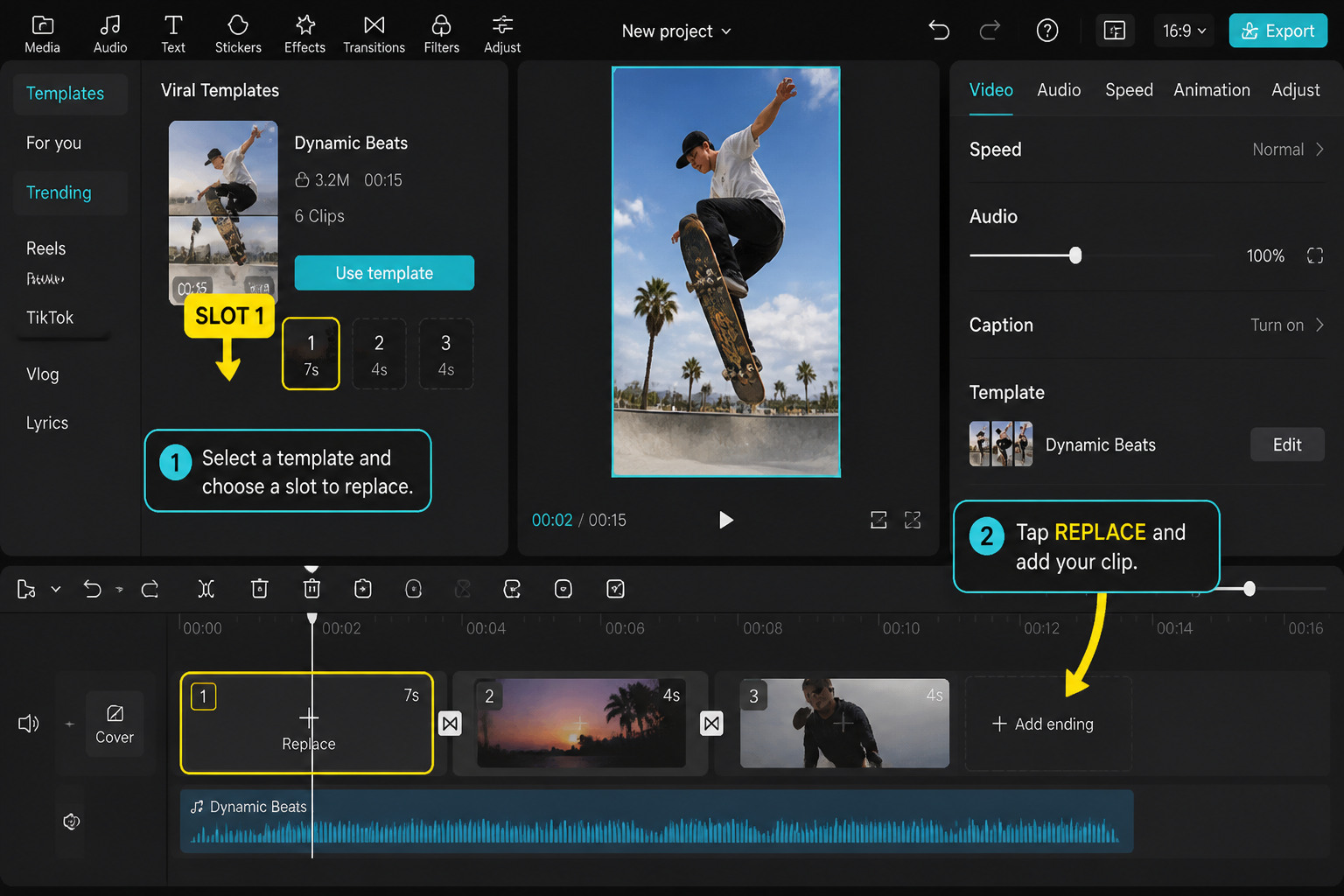 CapCut Guide visual: template replacement screen with user clips filling slots