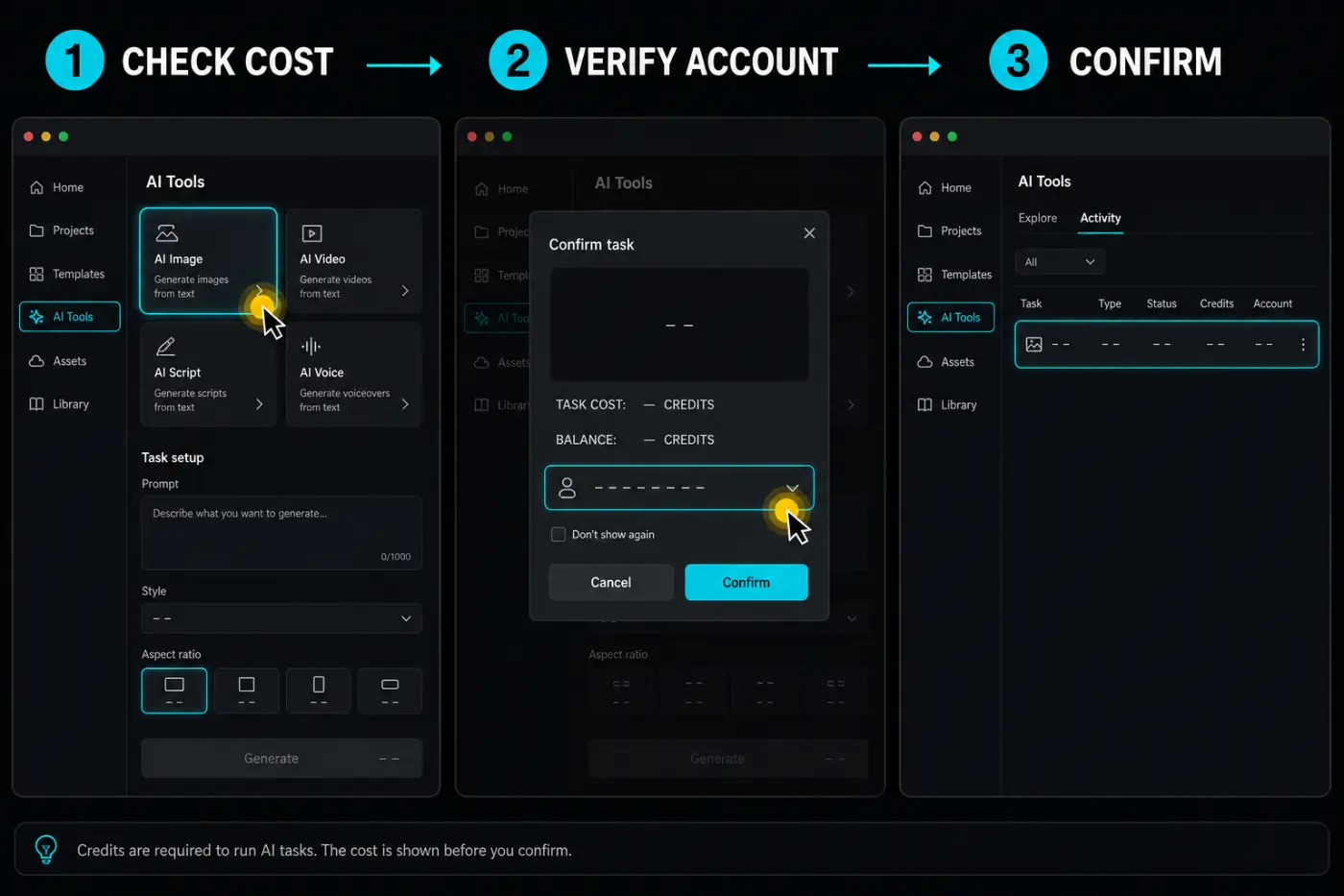CapCut AI interface steps to check task cost verify the account and confirm