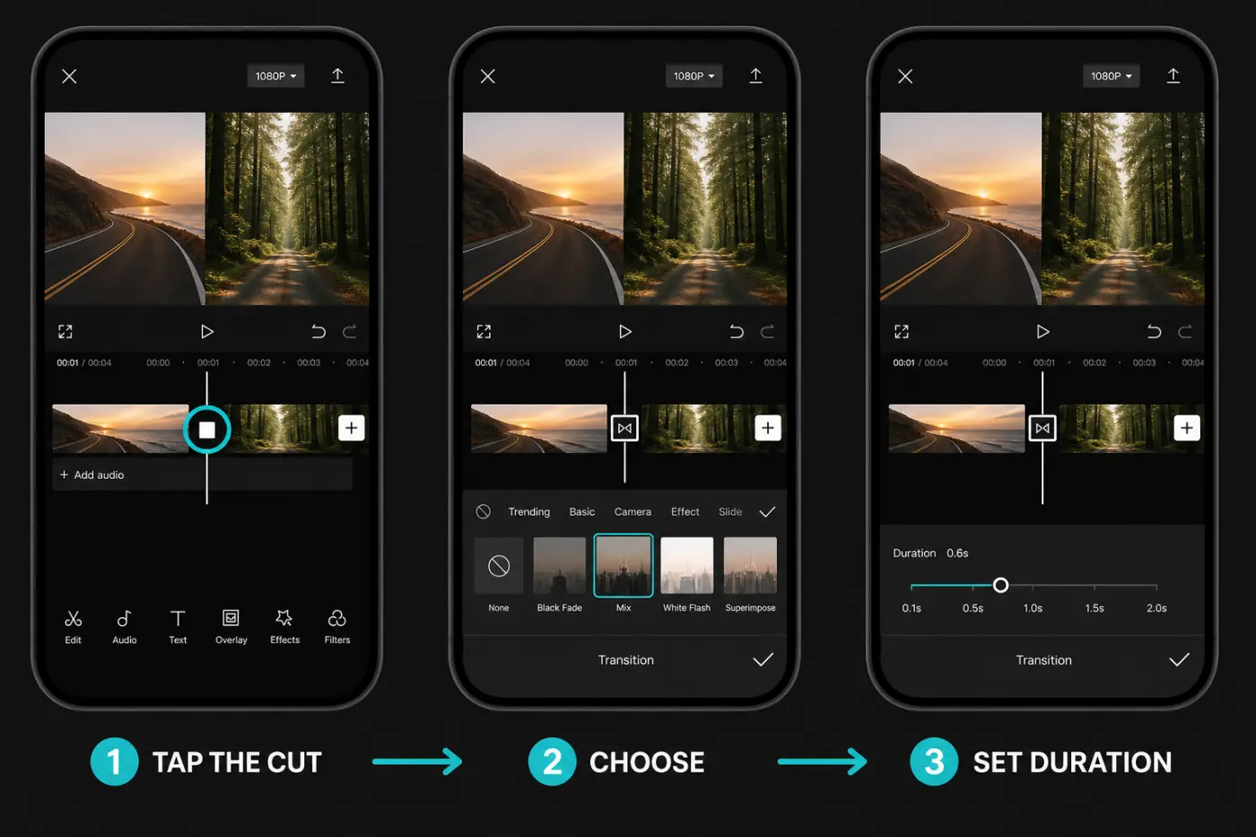 CapCut Mobile steps to tap the cut choose a transition and set duration