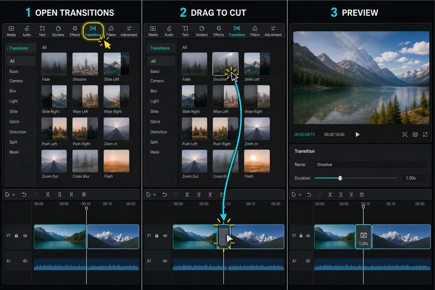 CapCut Desktop steps to open Transitions drag a preset to the cut and preview