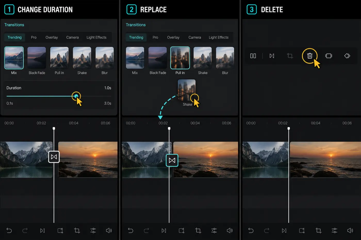 CapCut interface steps to change replace and delete a transition