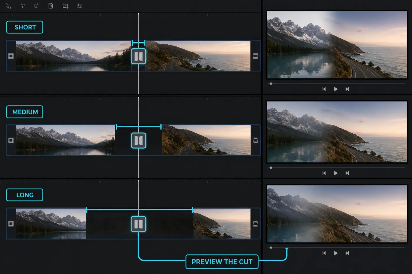 CapCut timeline comparing short medium and long transition spans with preview