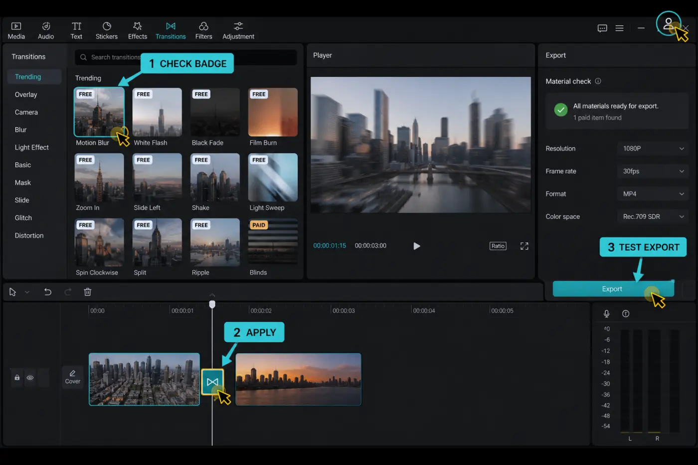 CapCut interface checking transition badge applying the asset and testing export