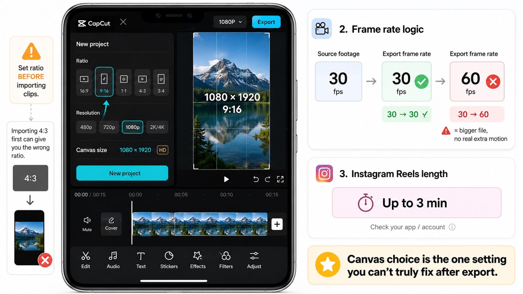 CapCut project setup for Instagram Reels: canvas and frame rate