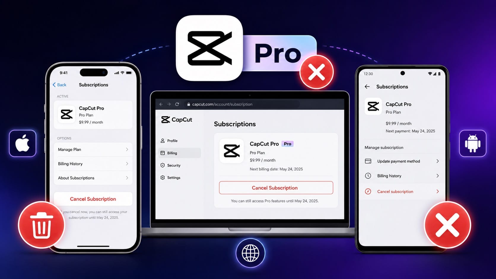 Subscription cancellation paths on iPhone Android and web