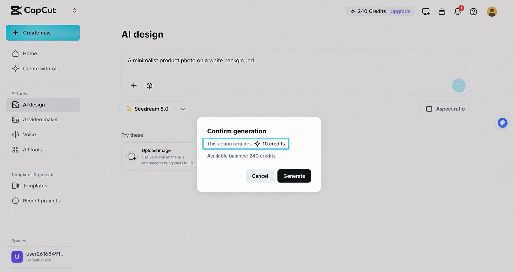CapCut AI credit cost shown before confirming a task