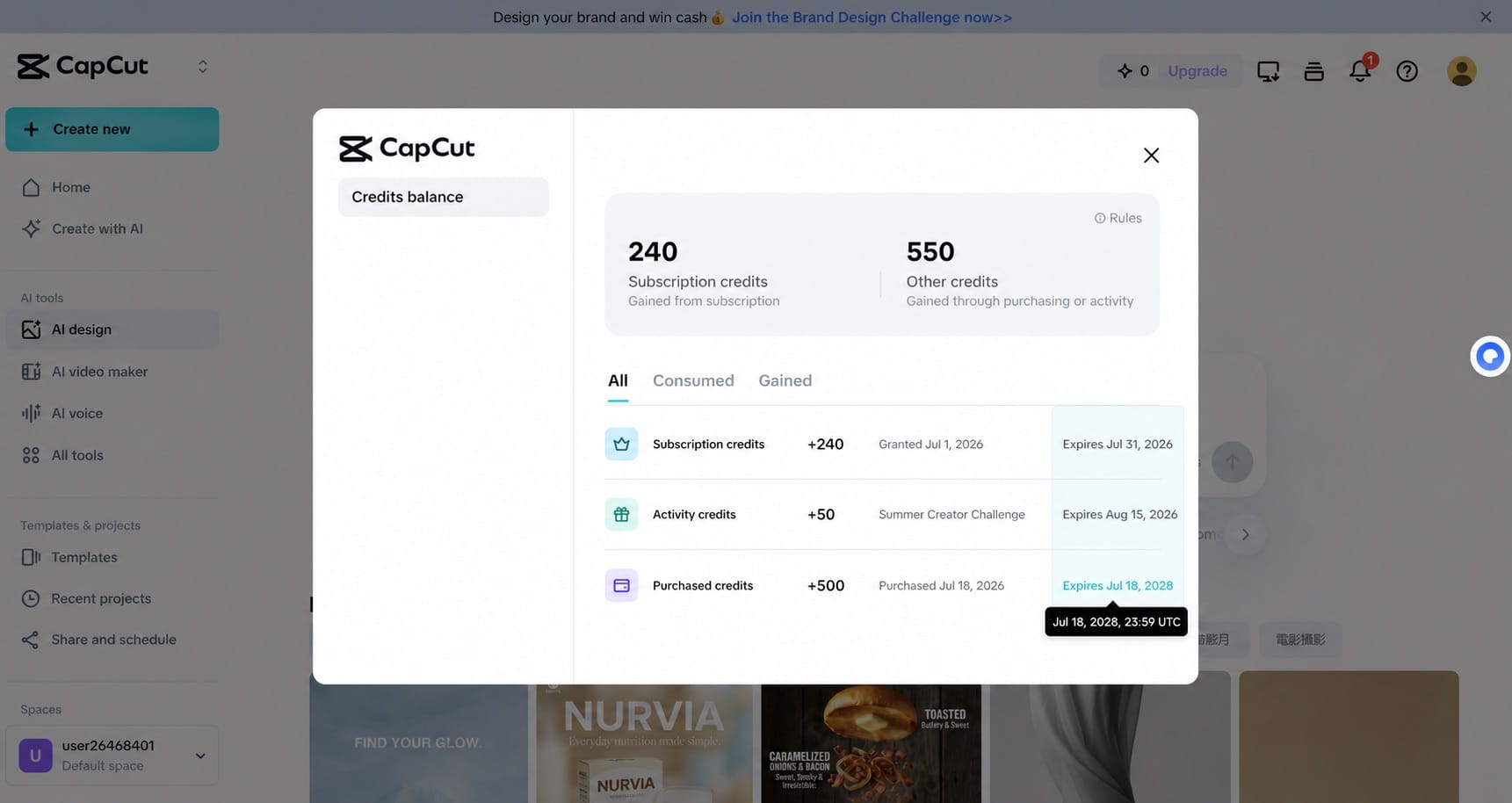 CapCut Web credits dashboard showing expiration dates
