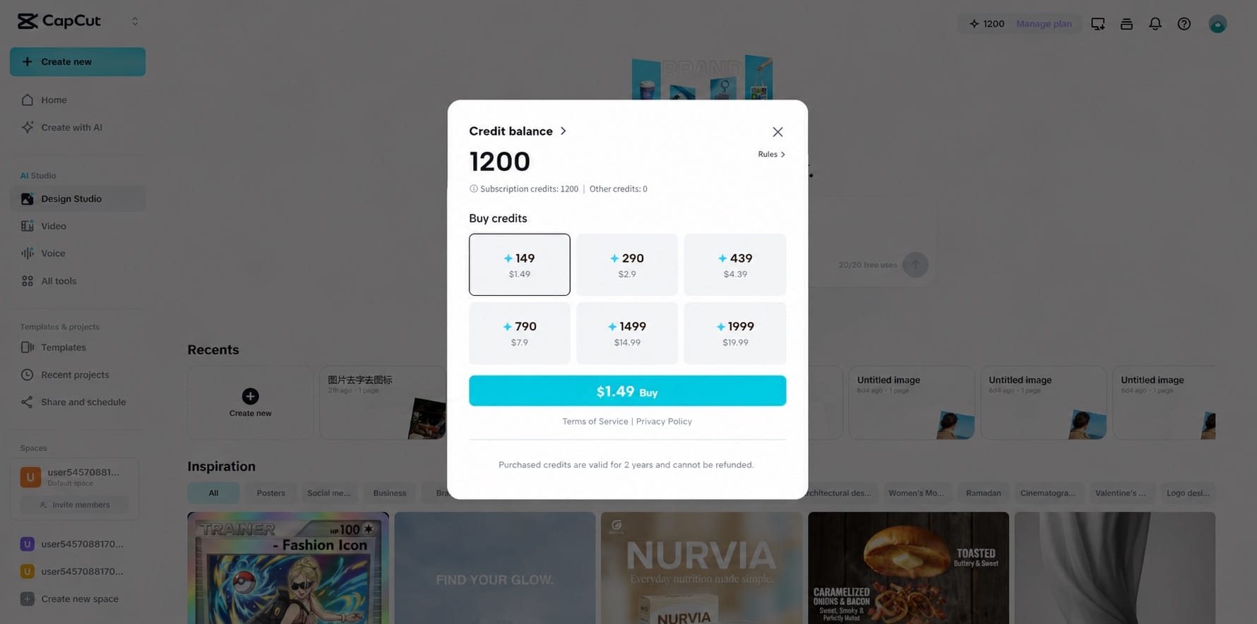 Viewing and buying CapCut AI credits on the web