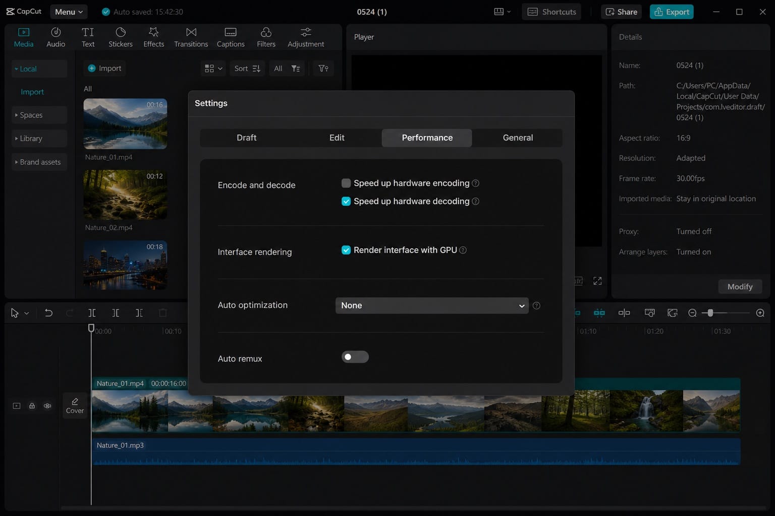 CapCut hardware encoding and decoding settings for black screen fixes