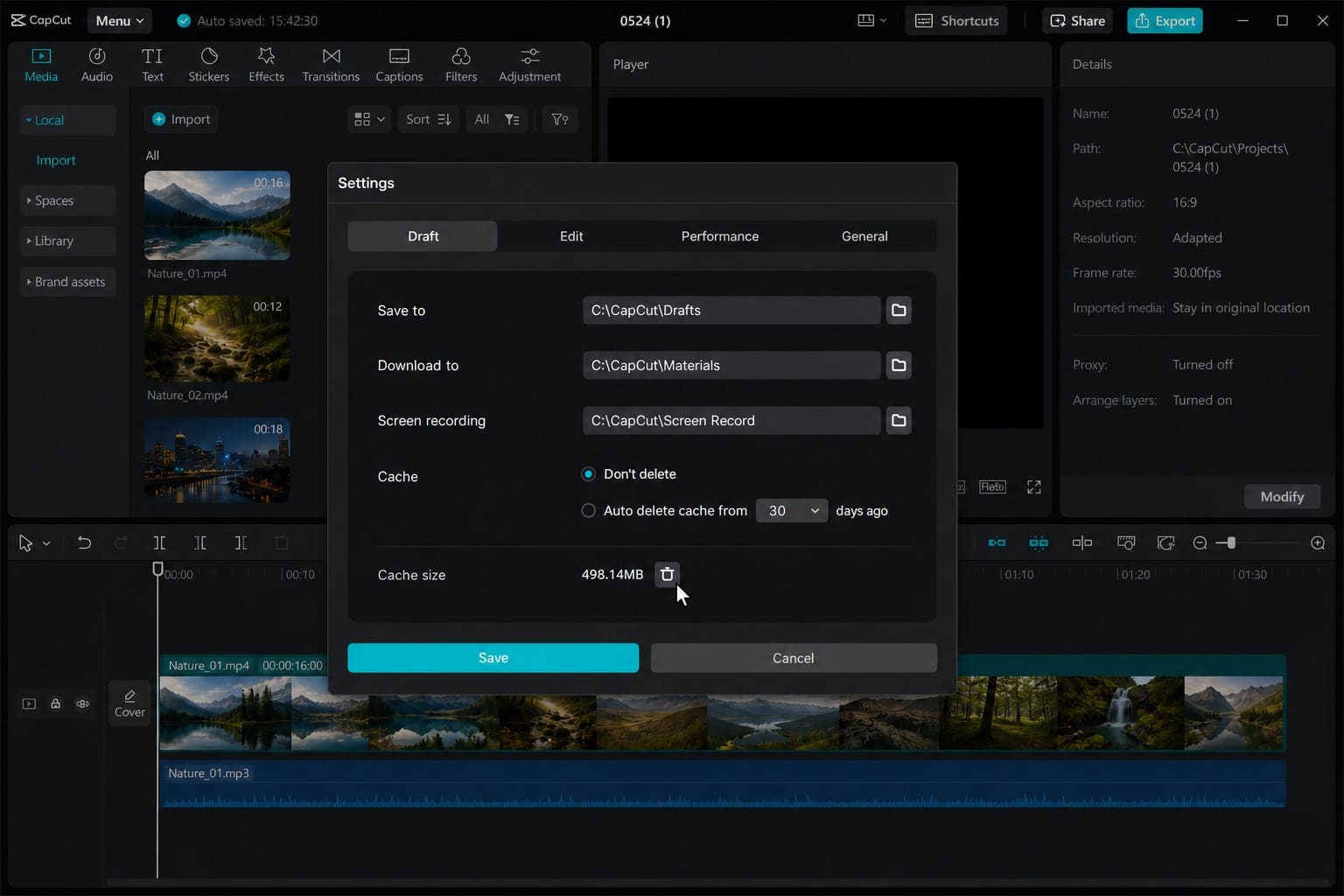 Clearing the CapCut render cache to fix a black preview on desktop