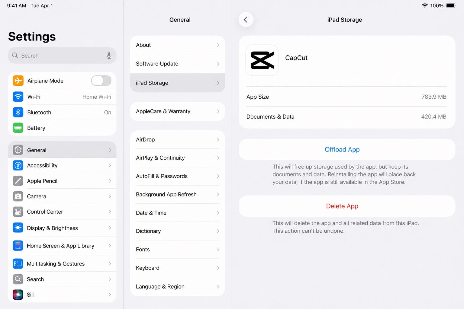 Offloading the CapCut app on iPhone and iPad