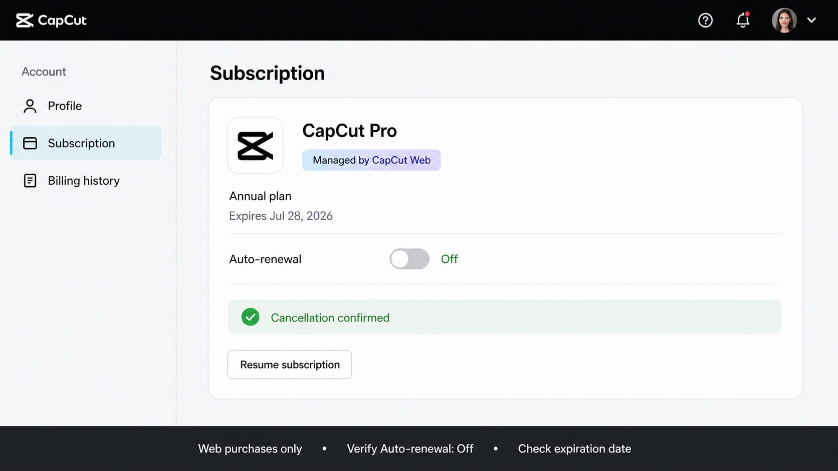 Cancelling CapCut Pro on the web